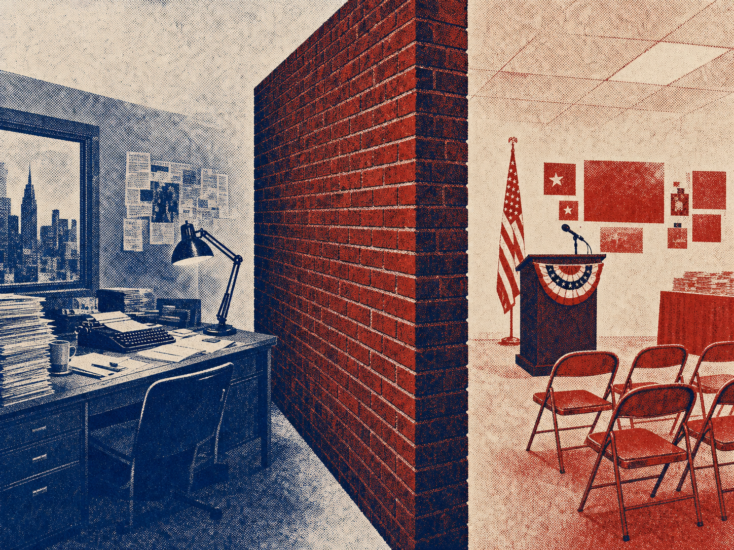 Editorial illustration: a tall brick wall down the center separating a journalist's desk on one side from an empty campaign rally room with a podium and folding chairs on the other