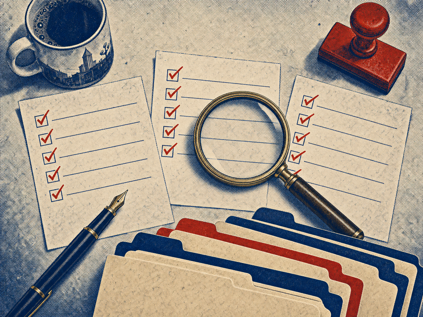 Editorial illustration: an overhead view of a desk with three checklists, a magnifying glass, a coffee mug, a red rubber stamp, and a fanned stack of file folders