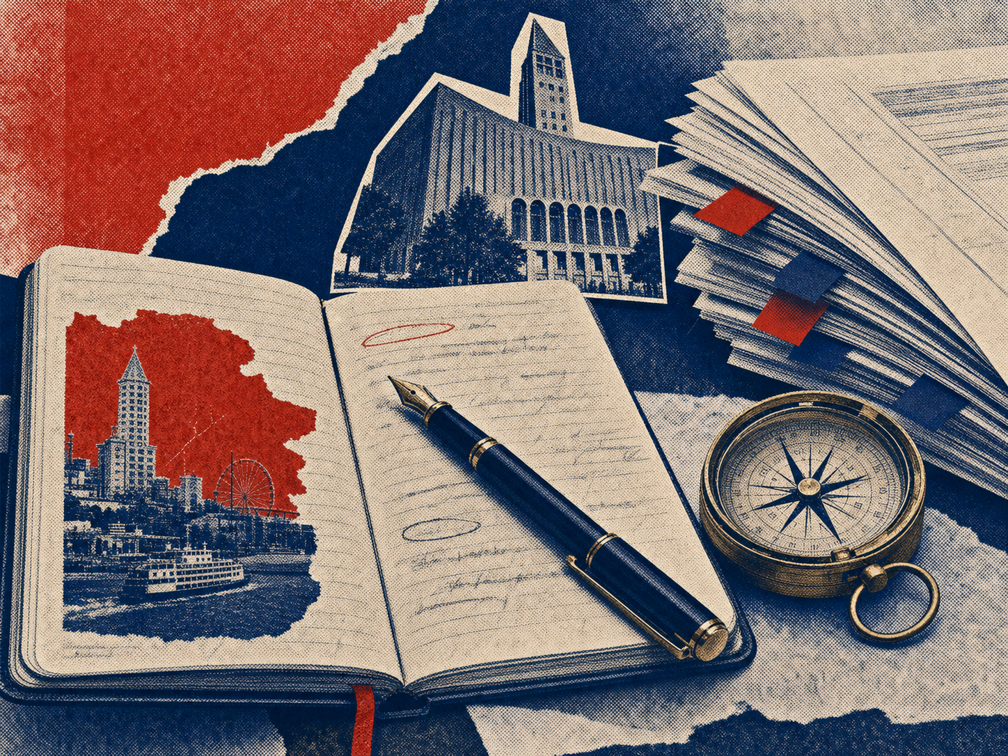 Editorial illustration: an open reporter's notebook with a fountain pen, brass compass, fanned legislative documents with red and blue tabs, and a cut-paper silhouette of Seattle City Hall and Smith Tower